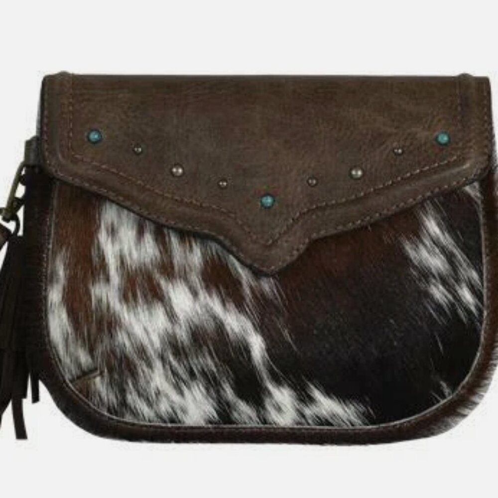 Tony Lama Western Womens Wristlet Wallet Studs Brindle Hide Hair Brown